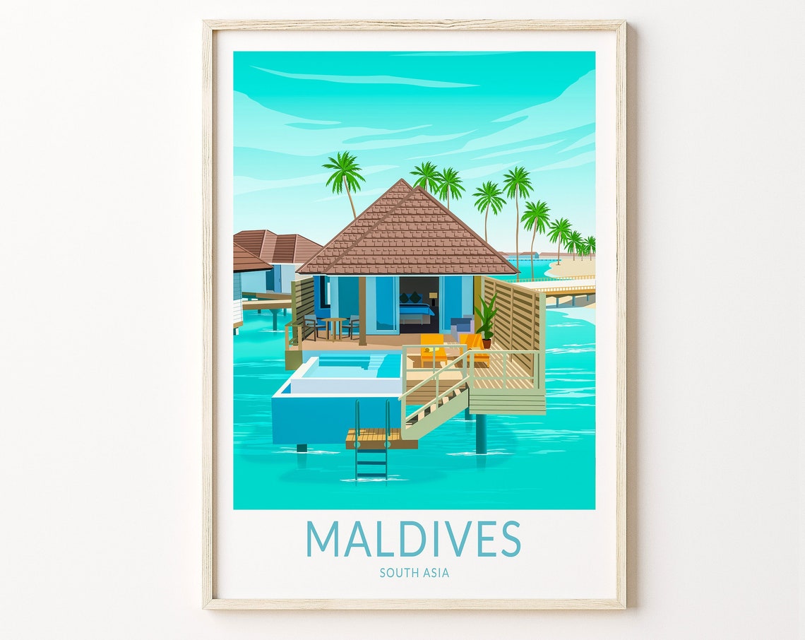 Maldives Overwater Villa Turquoise Lagoon Tropical Travel Poster