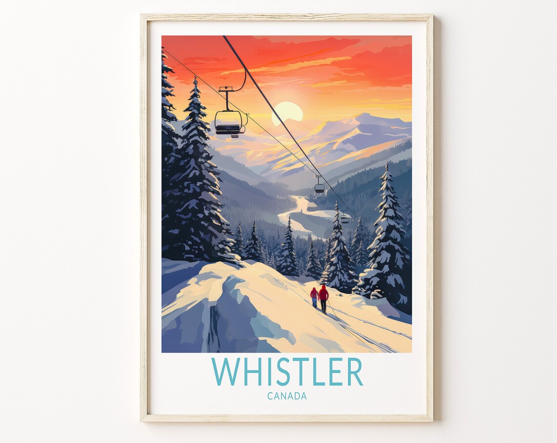 Whistler Canada Ski Slopes at Sunset With Gondola Winter Travel Poster