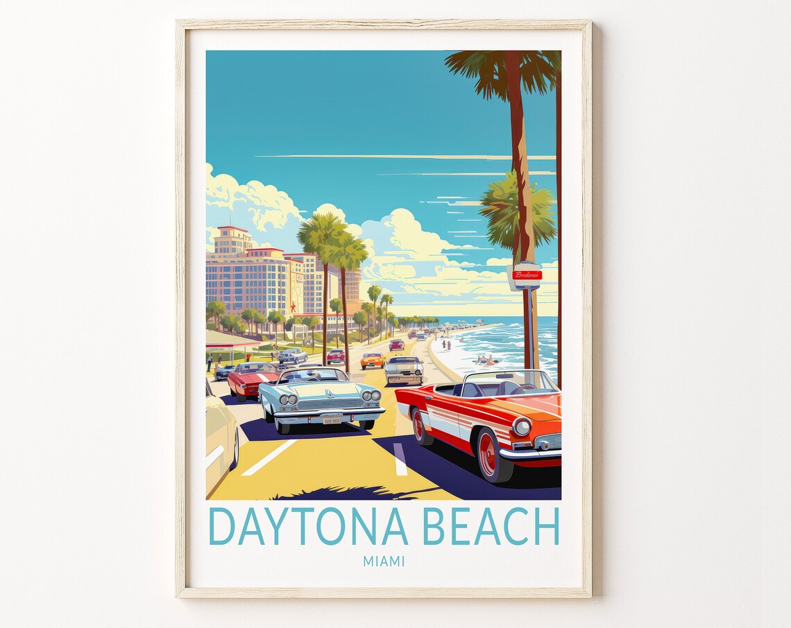 Daytona Beach Miami Vintage Classic Cars Coast Road Travel Poster