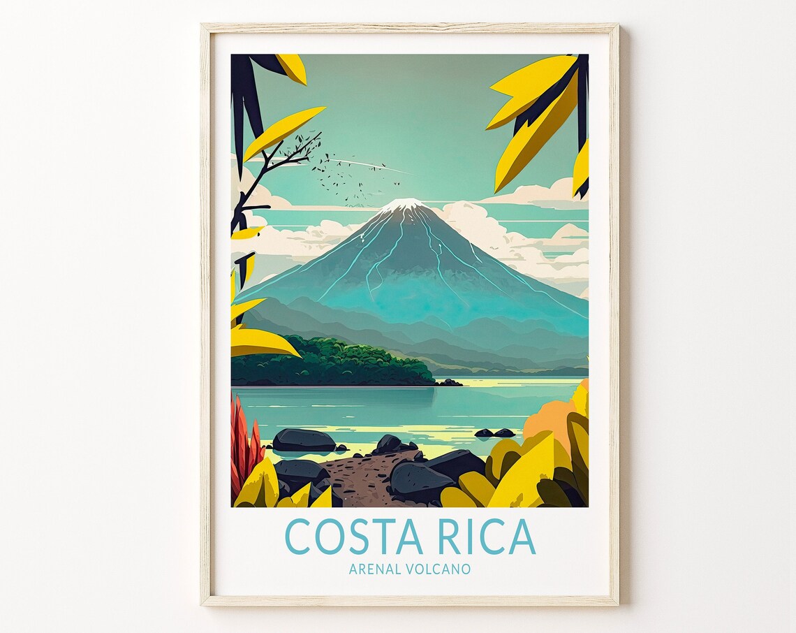 Costa Rica Arenal Volcano Tropical Lake Vintage Travel Poster