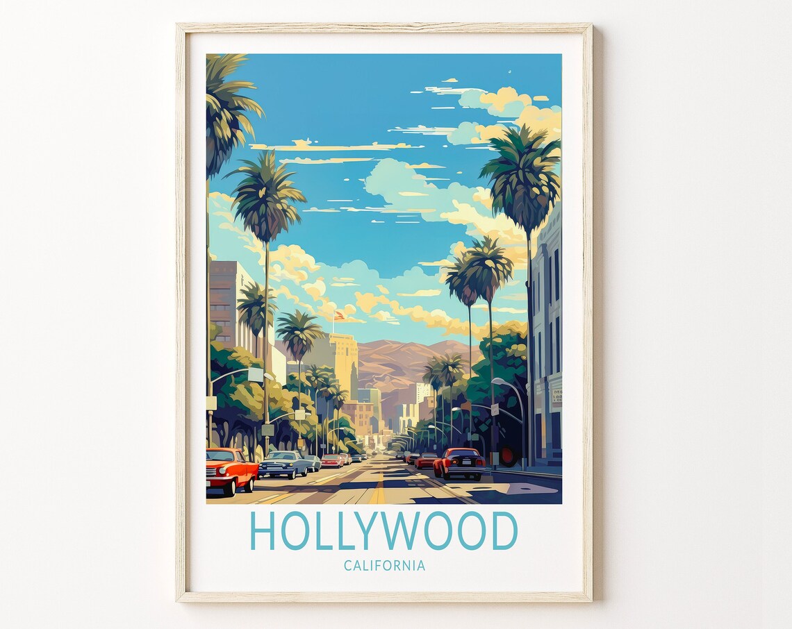 Hollywood California Palm Lined Boulevard Retro Travel Poster