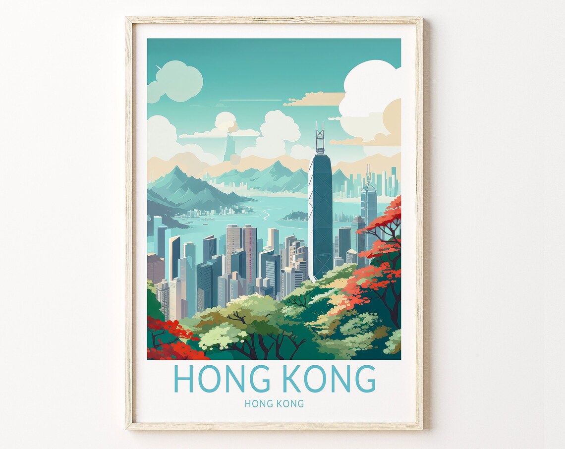 Hong Kong City Skyline Harbour Vintage Retro Asian Travel Poster