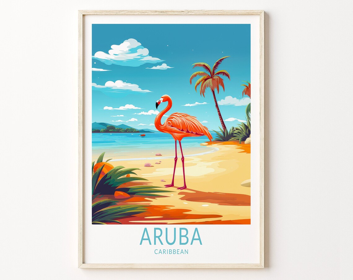 Aruba Caribbean Flamingo On Golden Beach Retro Travel Poster