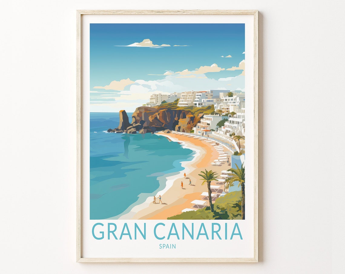 Gran Canaria Spain Beach Resort Cliffs Coastline Travel Poster