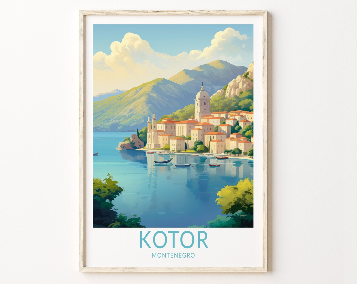 Kotor Montenegro Bay Coastal Old Town Waterfront Vintage Travel Poster