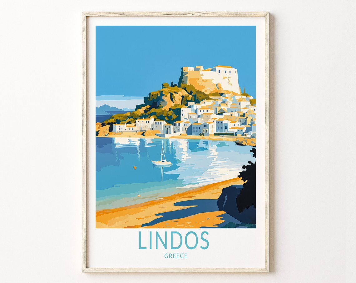 Lindos Greece Travel Poster, Europe Wall Art Print