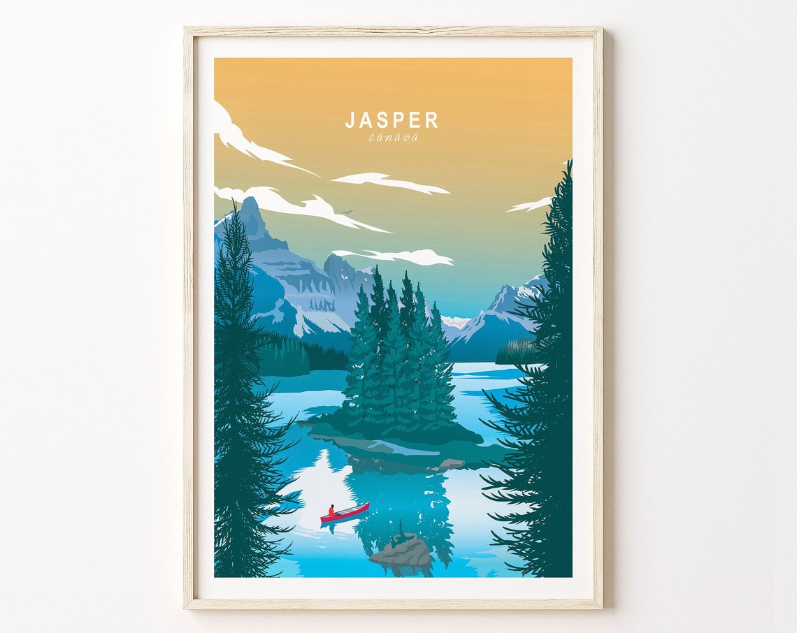 Jasper Canada Red Canoe on Turquoise Lake Mountain Art Poster