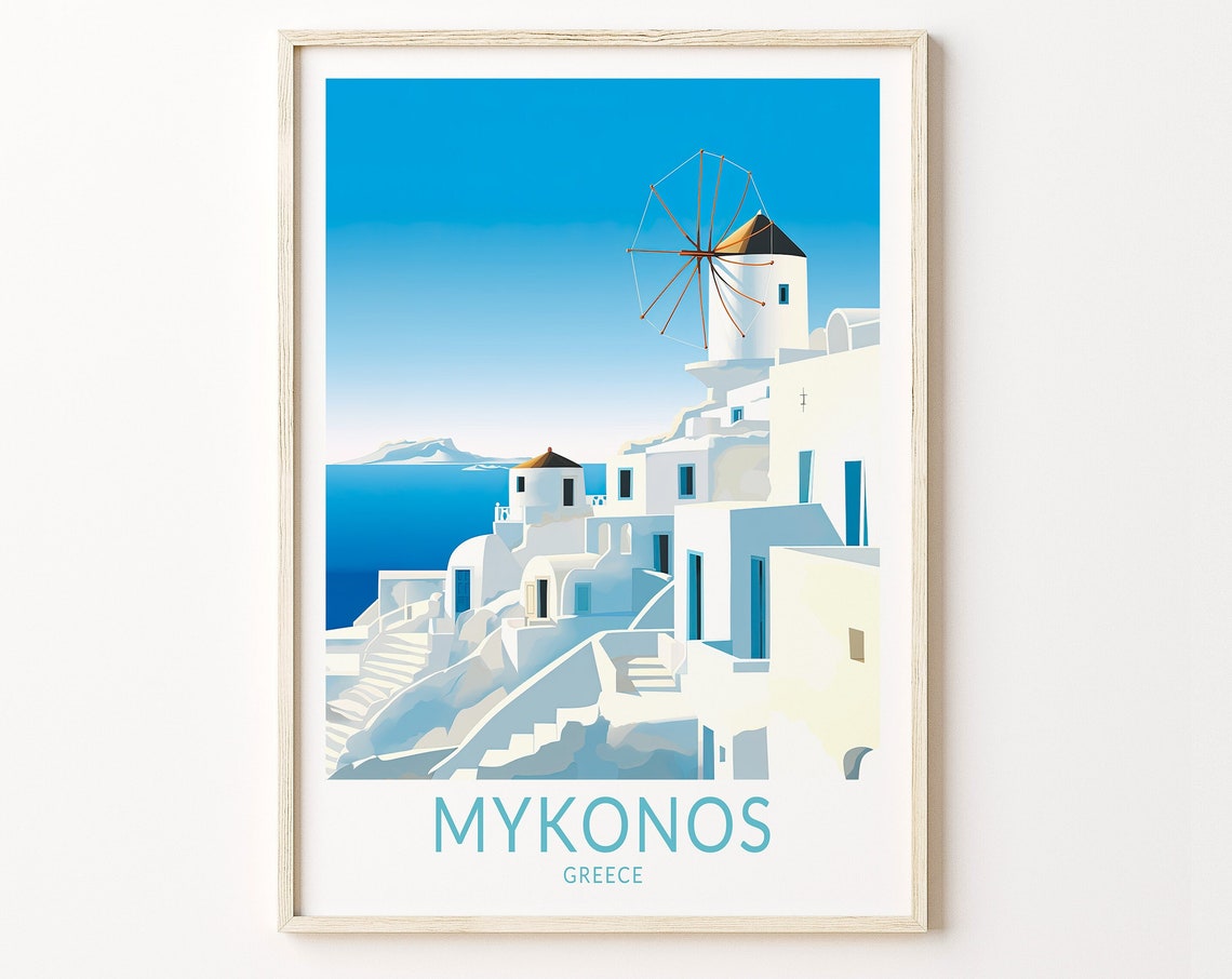 Mykonos Greece Whitewashed Village Windmill Coastal Travel Poster