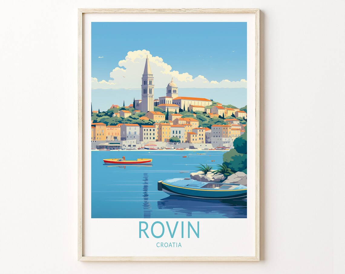 Rovin Croatia Old Town Harbor Boats Vintage Travel Art Poster
