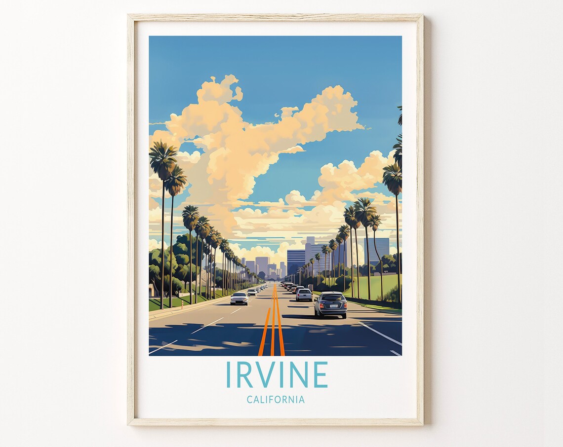 Irvine California Palm Lined Boulevard Skyline City Travel Poster