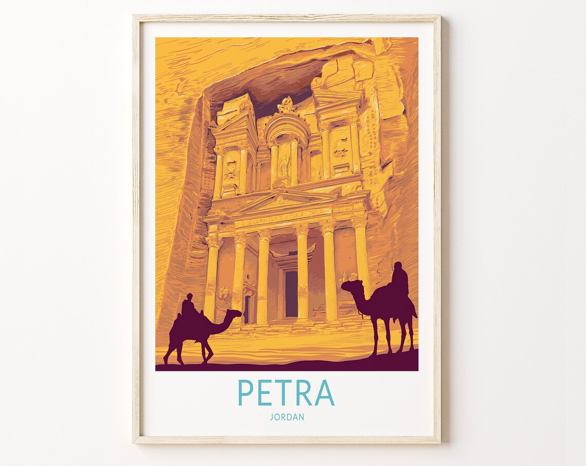 Petra Jordan Treasury Camels Desert Retro Middle East Travel Poster