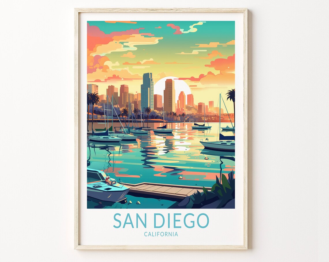 San Diego California Travel Poster, Coast Wall Art Print