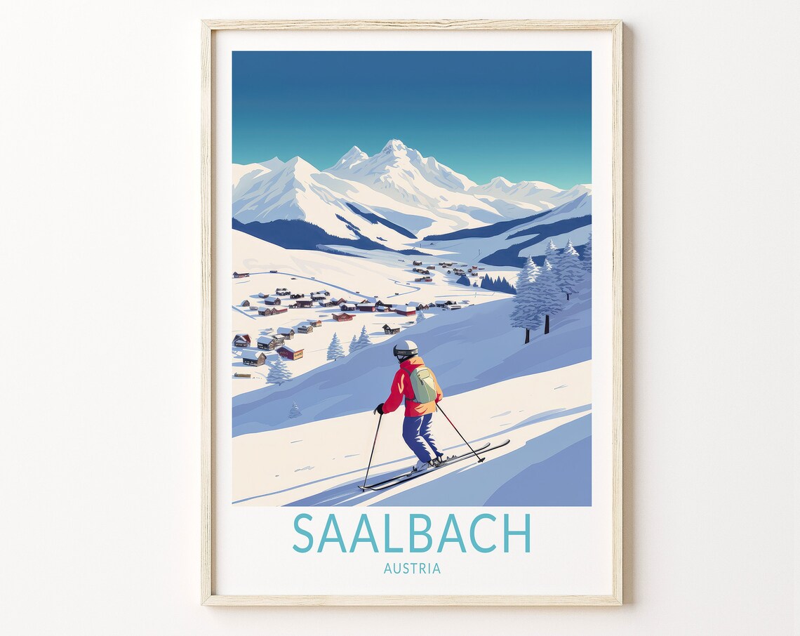 Saalbach Austria Alpine Ski Resort Winter Vintage Travel Poster