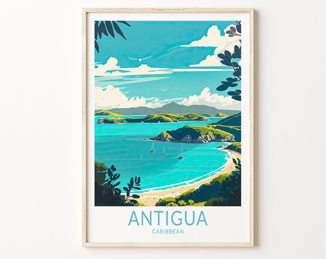 Antigua Caribbean Sailboats Beach Bay Turquoise Vintage Travel Poster