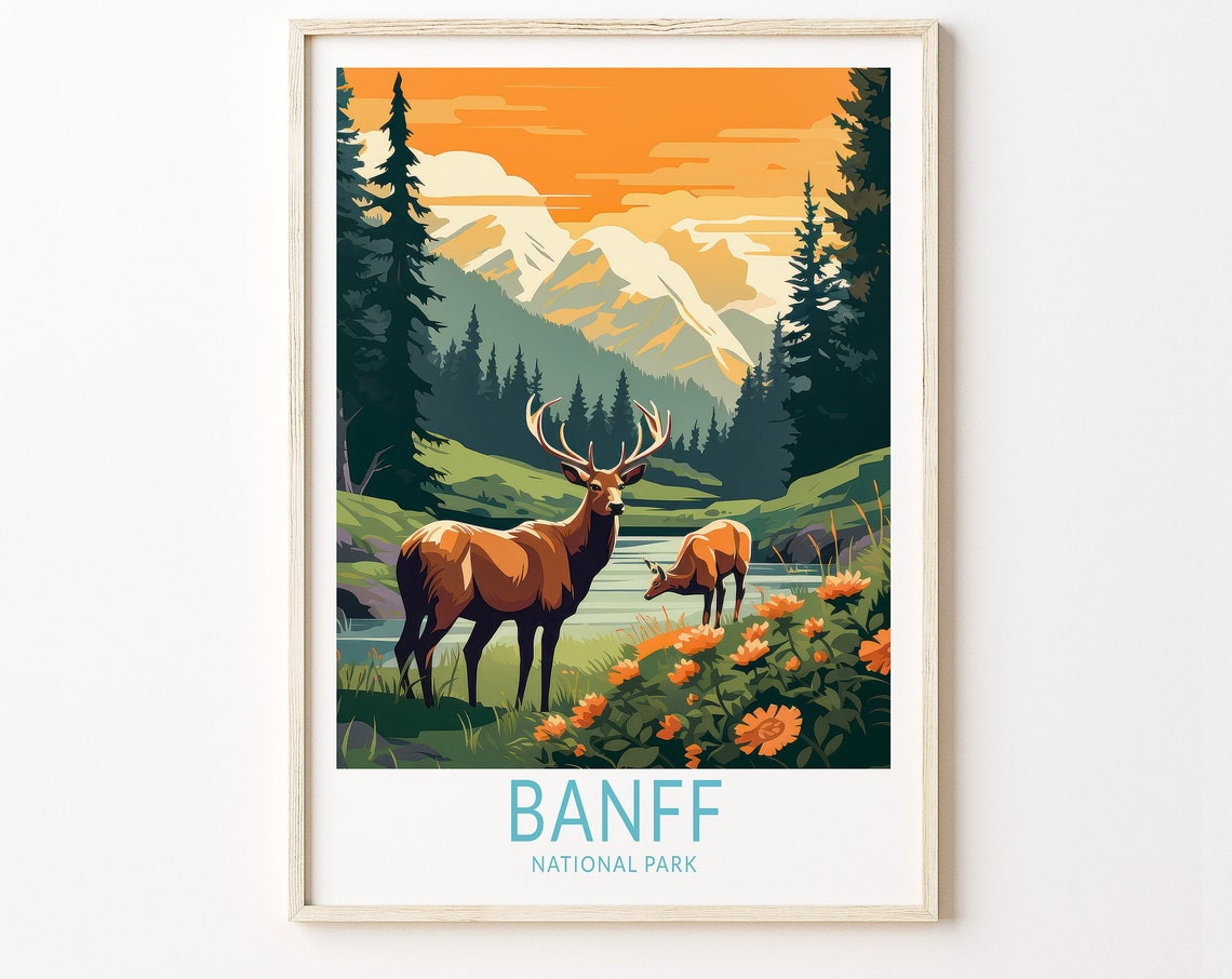 Banff National Park Elk by the River at Sunrise Canada Poster