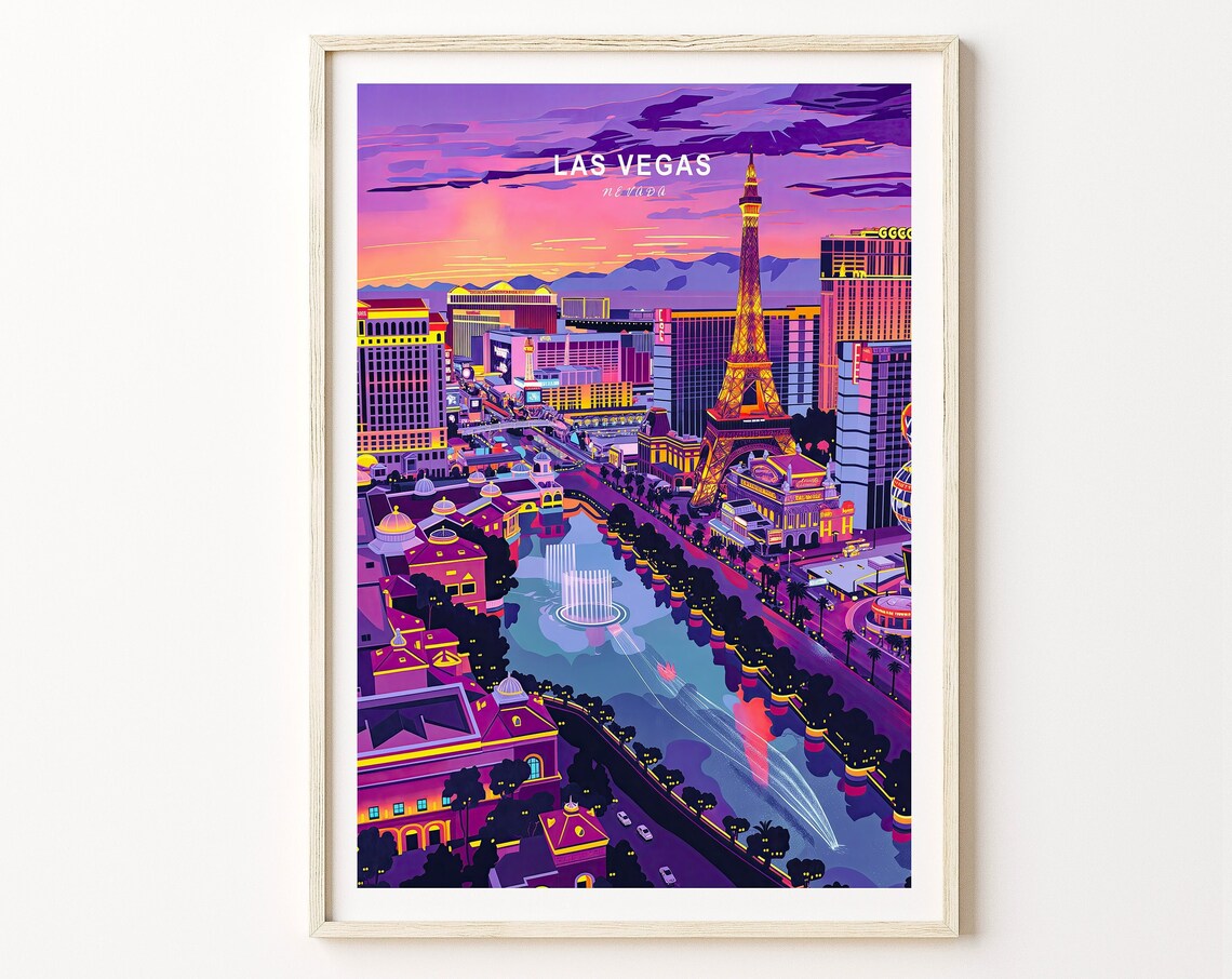 Las Vegas Nevada Neon Strip City Skyline Sunset Travel Poster