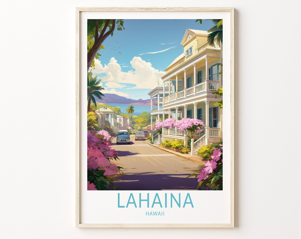 Lahaina Hawaii Historic Street Bougainvillea Ocean Retro Travel Poster