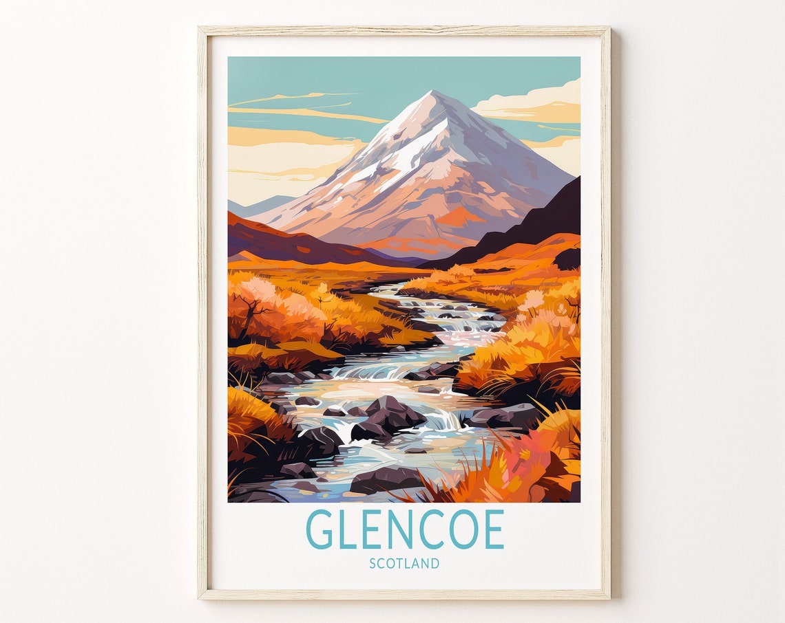 Glencoe Scotland Snow Capped Mountain River Moorlands Poster