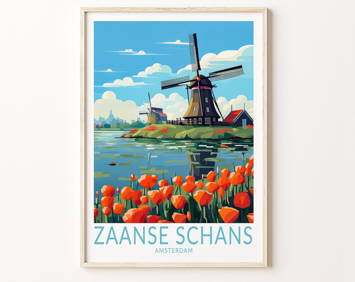 Zaanse Schans Amsterdam Windmill Tulip Travel Poster Vintage Art