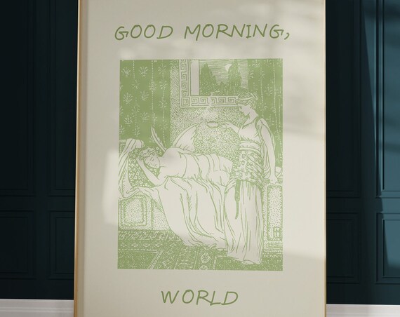 Good Morning World Green Vintage Fairytale Illustration Poster