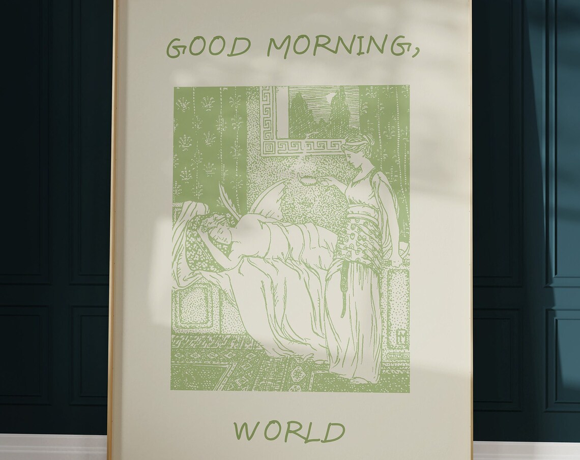 Good Morning World Green Vintage Fairytale Illustration Poster