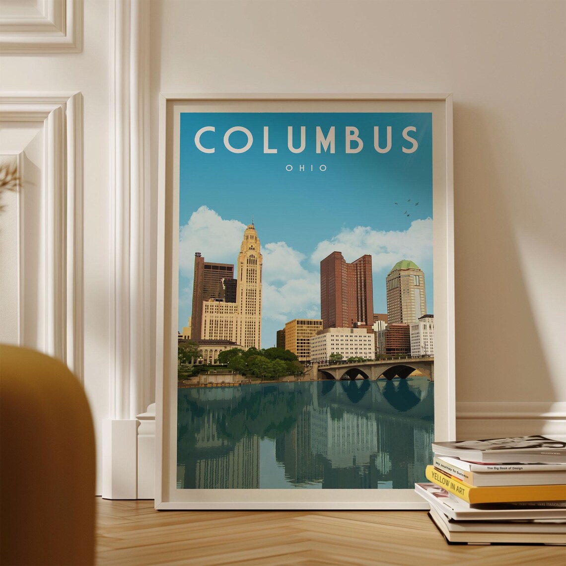 Columbus Mid-Century Travel Poster, Ohio Skyline Art Print