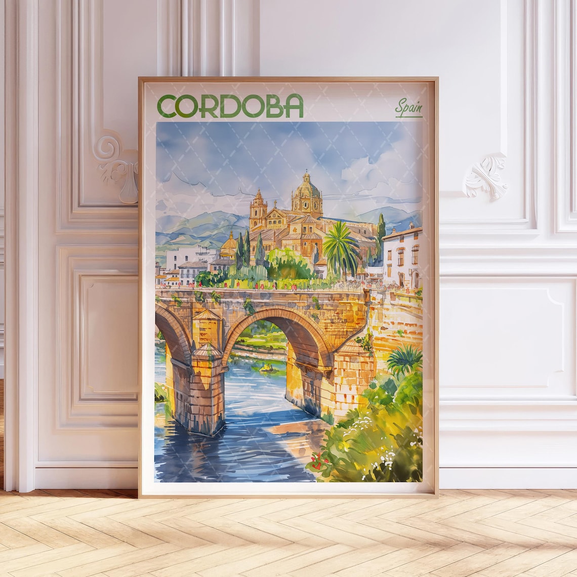 Cordoba Spain Travel Poster Roman Bridge and River Watercolor Scene
