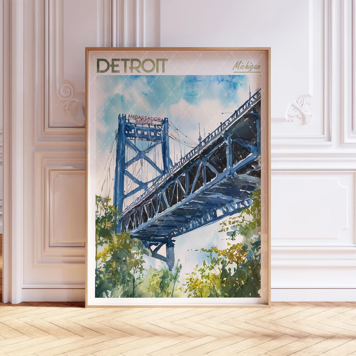 Detroit Watercolor Travel Poster, Michigan USA