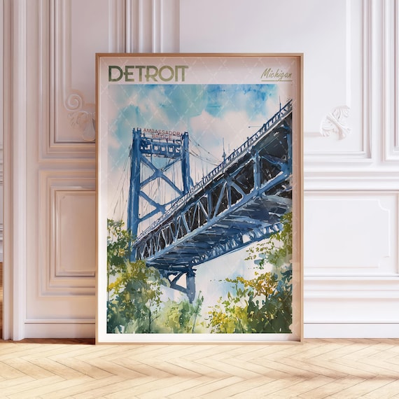 Detroit Watercolor Travel Poster, Michigan USA
