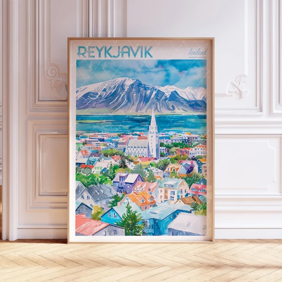 Reykjavik Watercolor Travel Poster, Iceland City Art