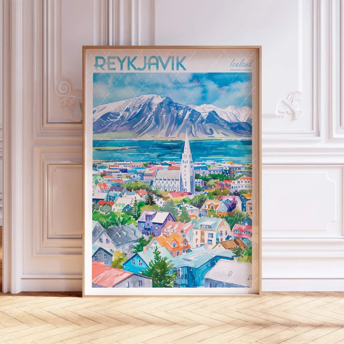 Reykjavik Watercolor Travel Poster, Iceland City Art