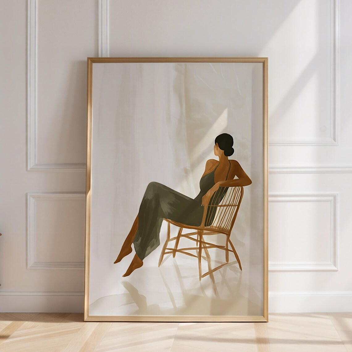 Woman In Silk Dress Sitting On Rattan Chair Sunlit Minimalist Interior Art Print - Image 6