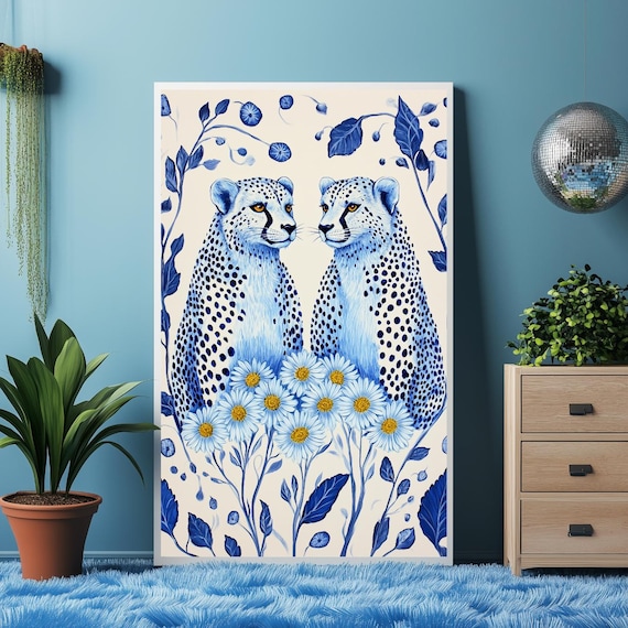 Blue Cheetah Wall Art Print Animal Poster Safari Decor Floral Jungle Modern Painting Nature Home
