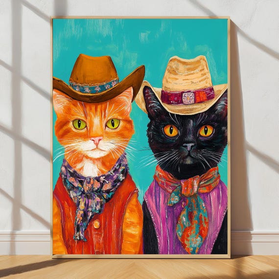 Cowboy Cats Wall Art Maximalist Cat Illustration Funny Oil Painting Style Western Poster