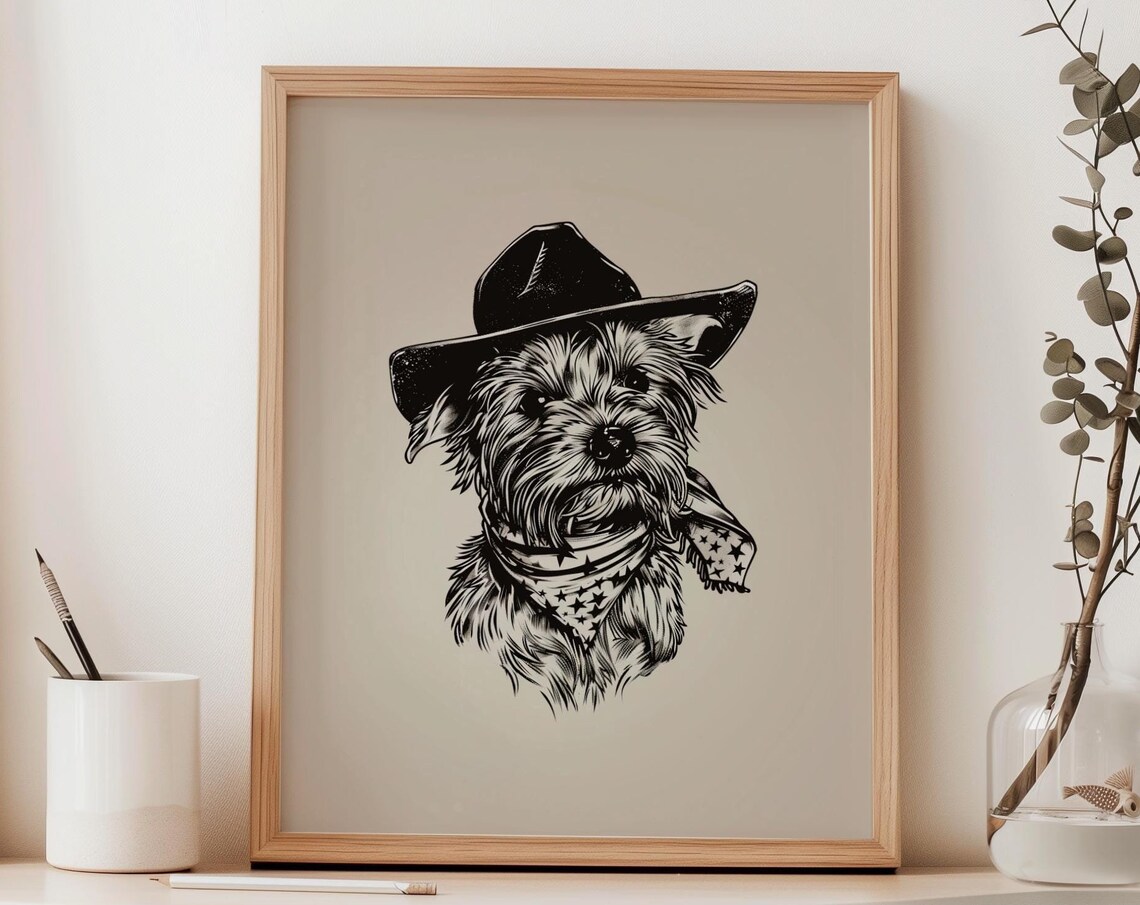 Cowboy Yorkshire Terrier in Hat Western Dog Sketch Art Poster