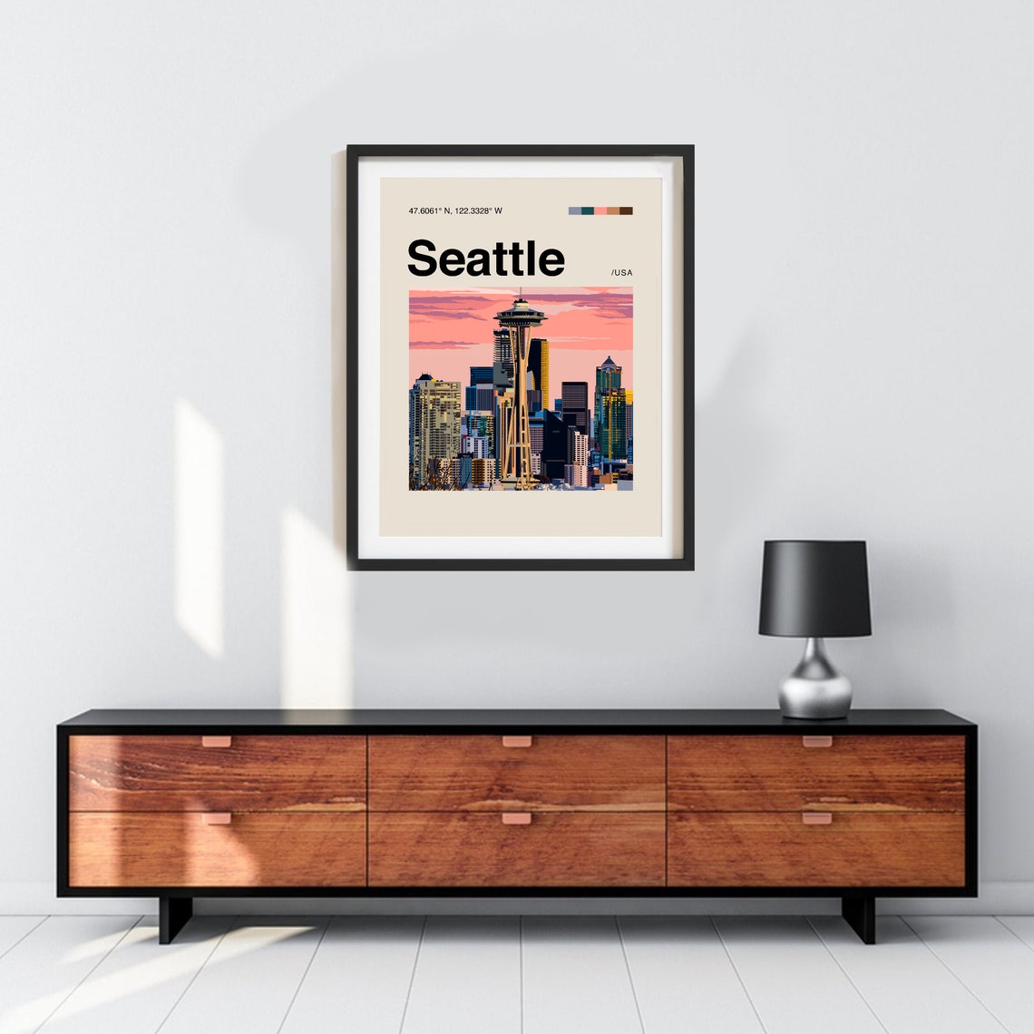 Seattle Space Needle Sunset Illustrated Minimalist Travel Art Poster - Image 3