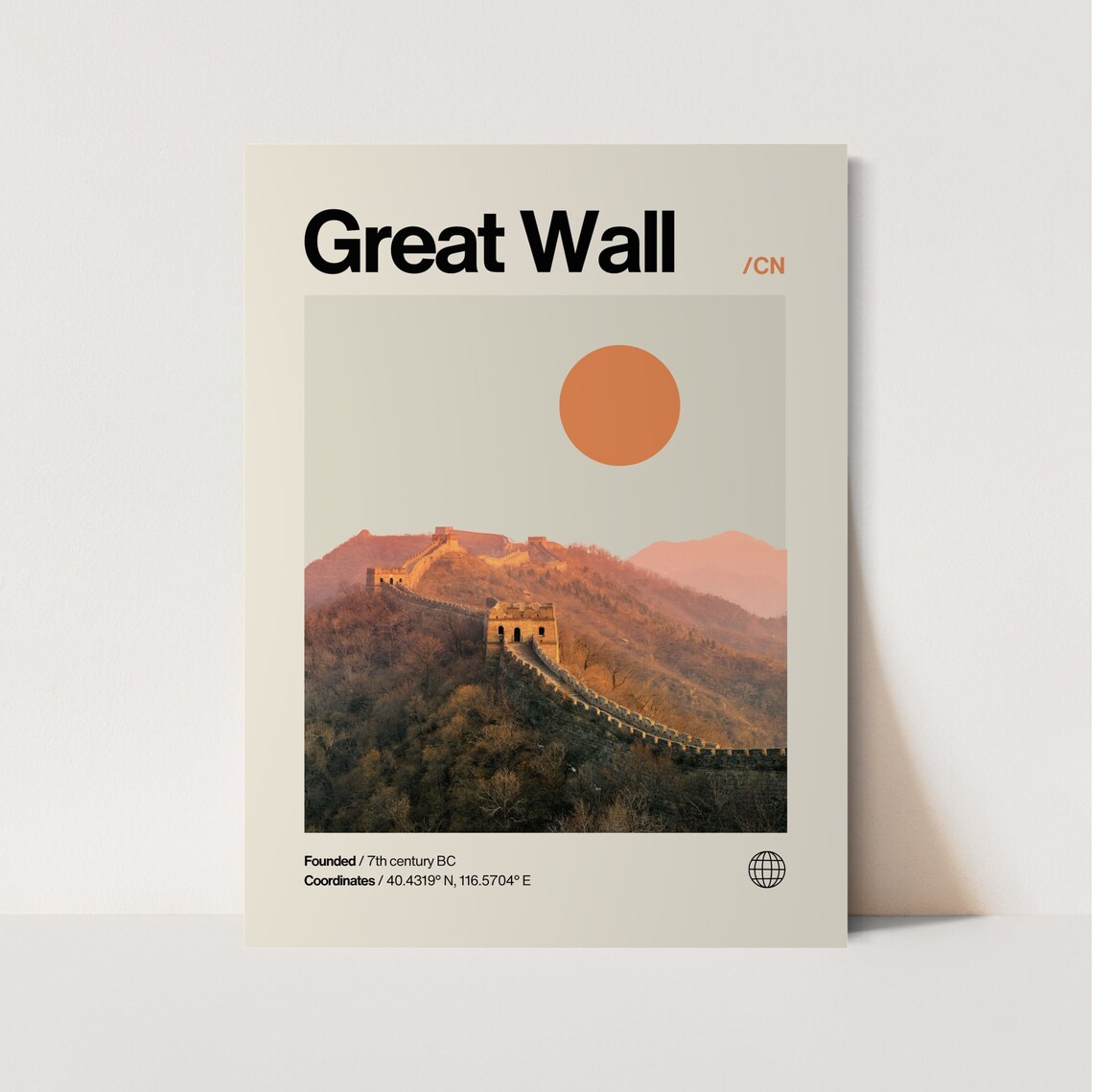 Great Wall of China Hillside Sunset Minimalist Mid Century Poster