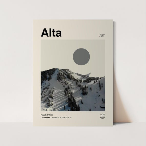 Alta Poster Minimalist Helvetica Mid Century Modern Alta Snow Ski Print Utah Poster Alta Wall Art Alta Utah Print Alta Ski Resort