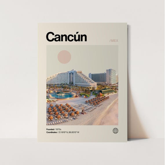 Cancun Mexico Beachfront Resorts Minimalist Mid Century Poster