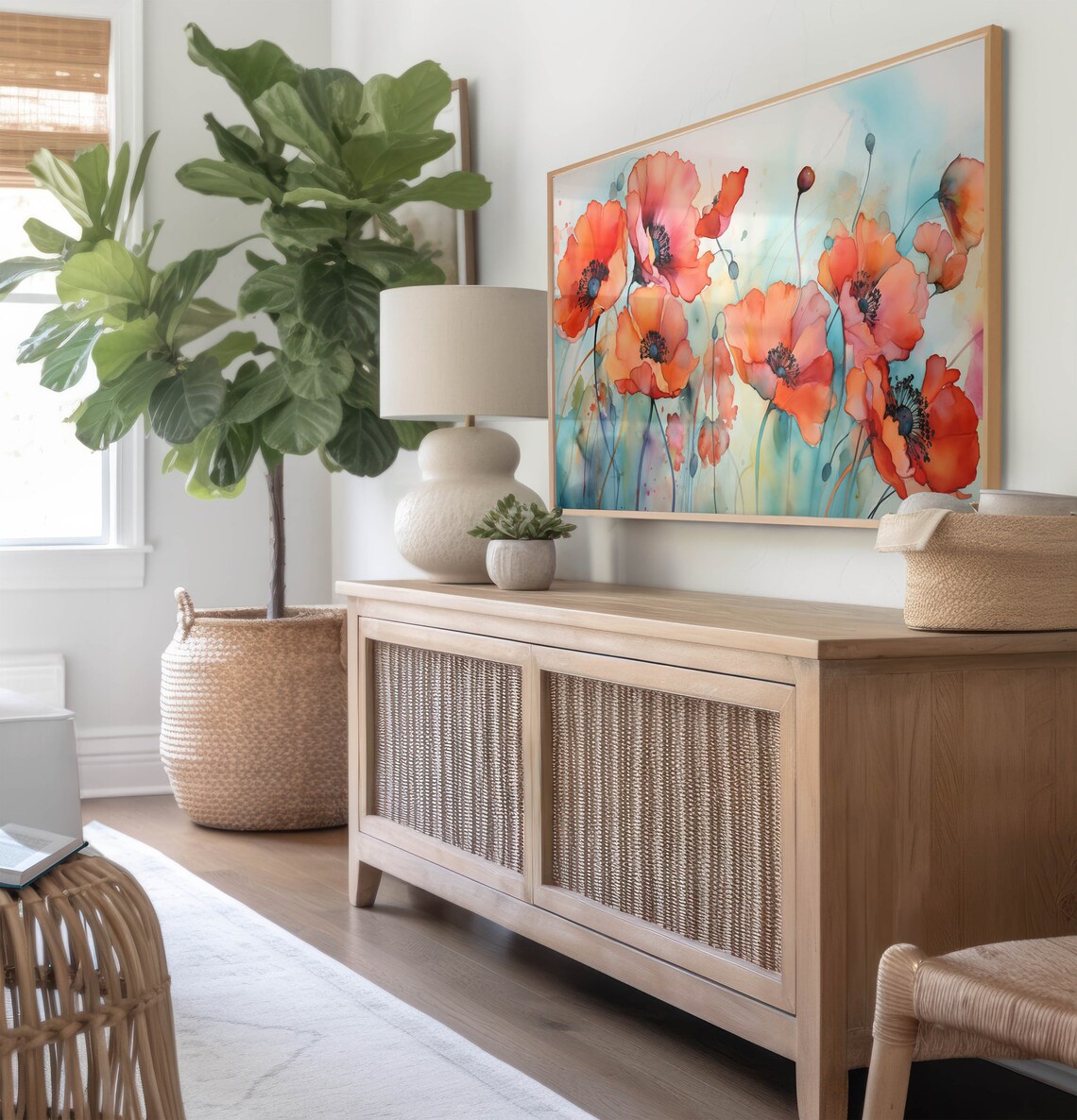 Coral Red Poppy Field Watercolor Flower Art Living Room Poster