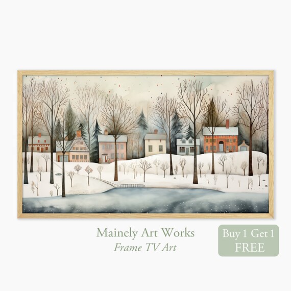Snowy Winter Village Houses By Frozen Pond Folk Style Vintage Wall Art Print