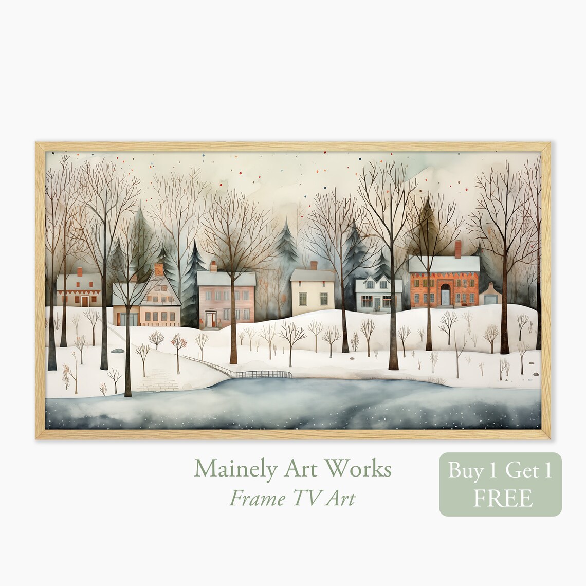 Snowy Winter Village Houses By Frozen Pond Folk Style Vintage Wall Art Print