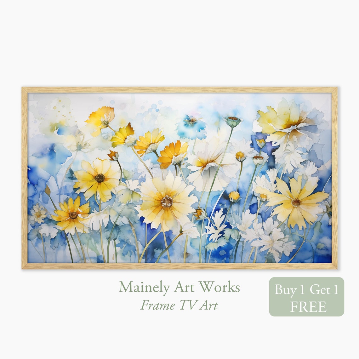 Yellow Daisy Wildflower Meadow Blue Watercolor Spring Poster