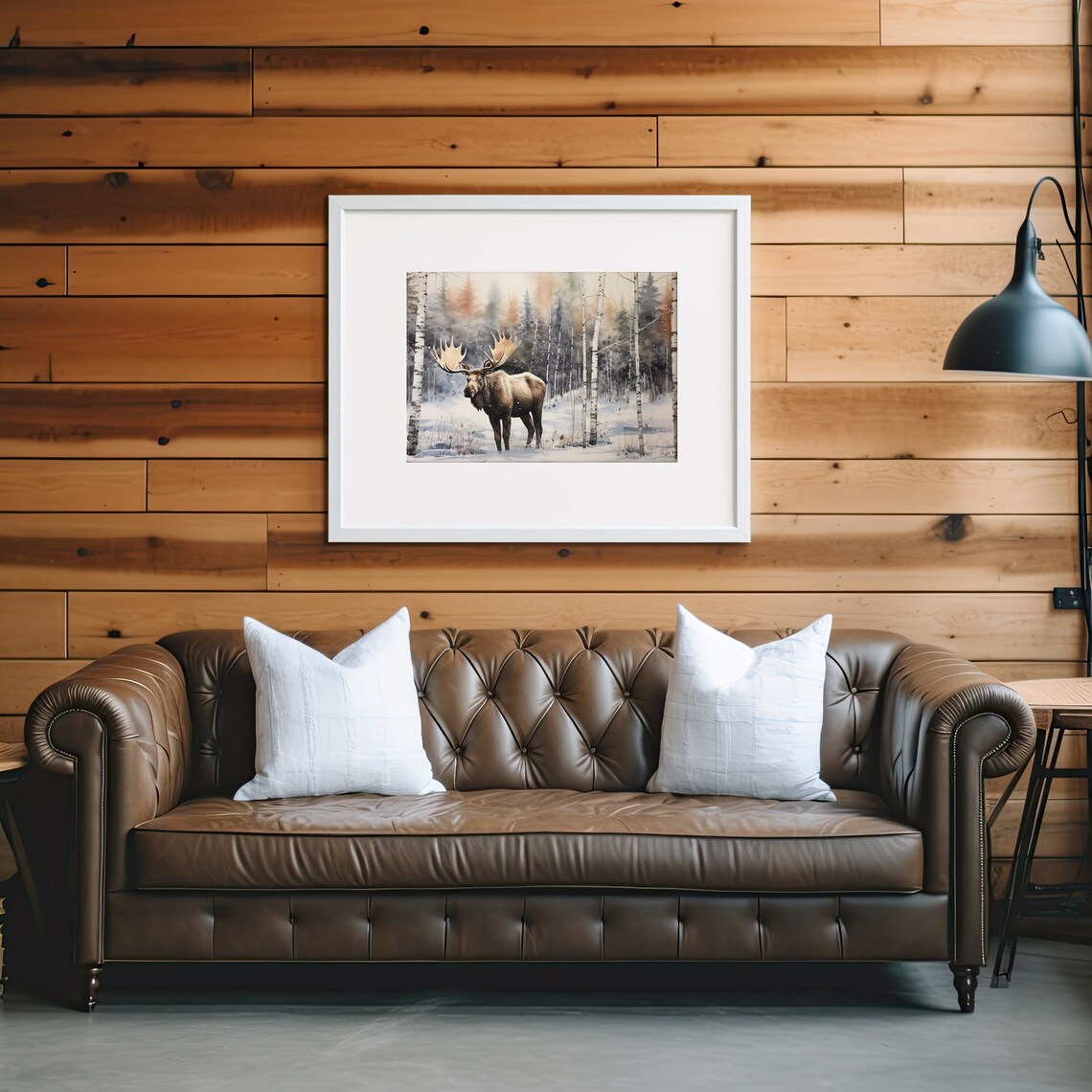 Majestic Moose In Snowy Birch Forest Winter Watercolor Wildlife Wall Art Print - Image 3