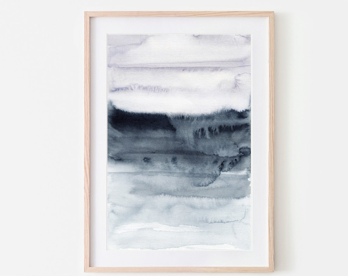 Gray And Blue Watercolor Stripes Minimalist Calm Abstract Art Print - Image 3