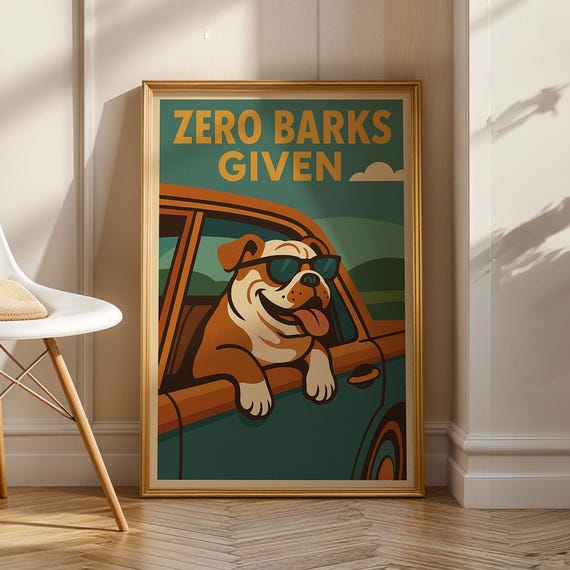 Funny Bulldog Poster Retro Midcentury Dog Art Print
