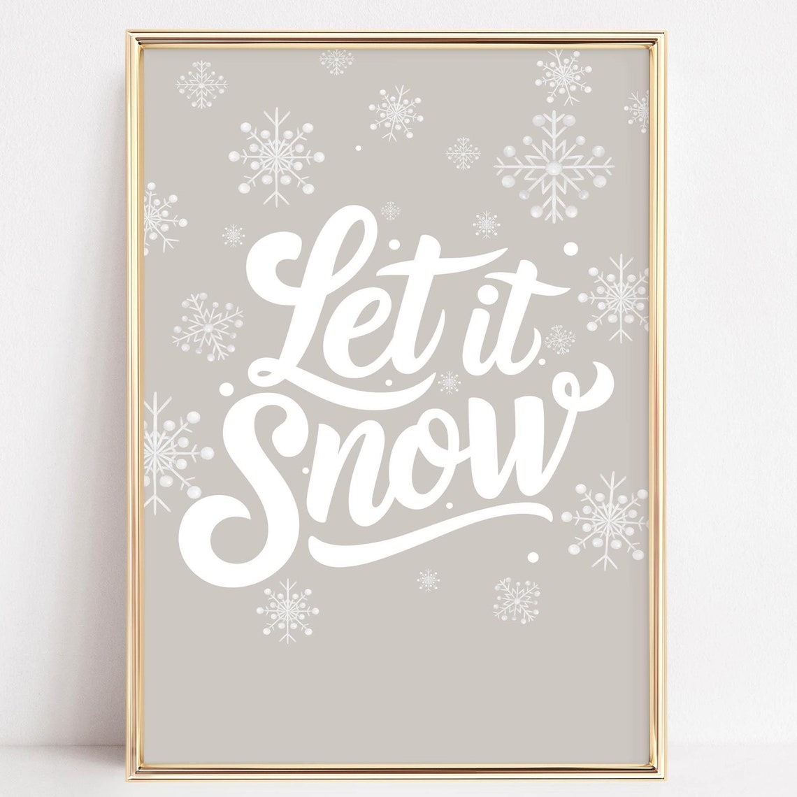 Beige Let it Snow Script Winter Snowflake Christmas Holiday Poster