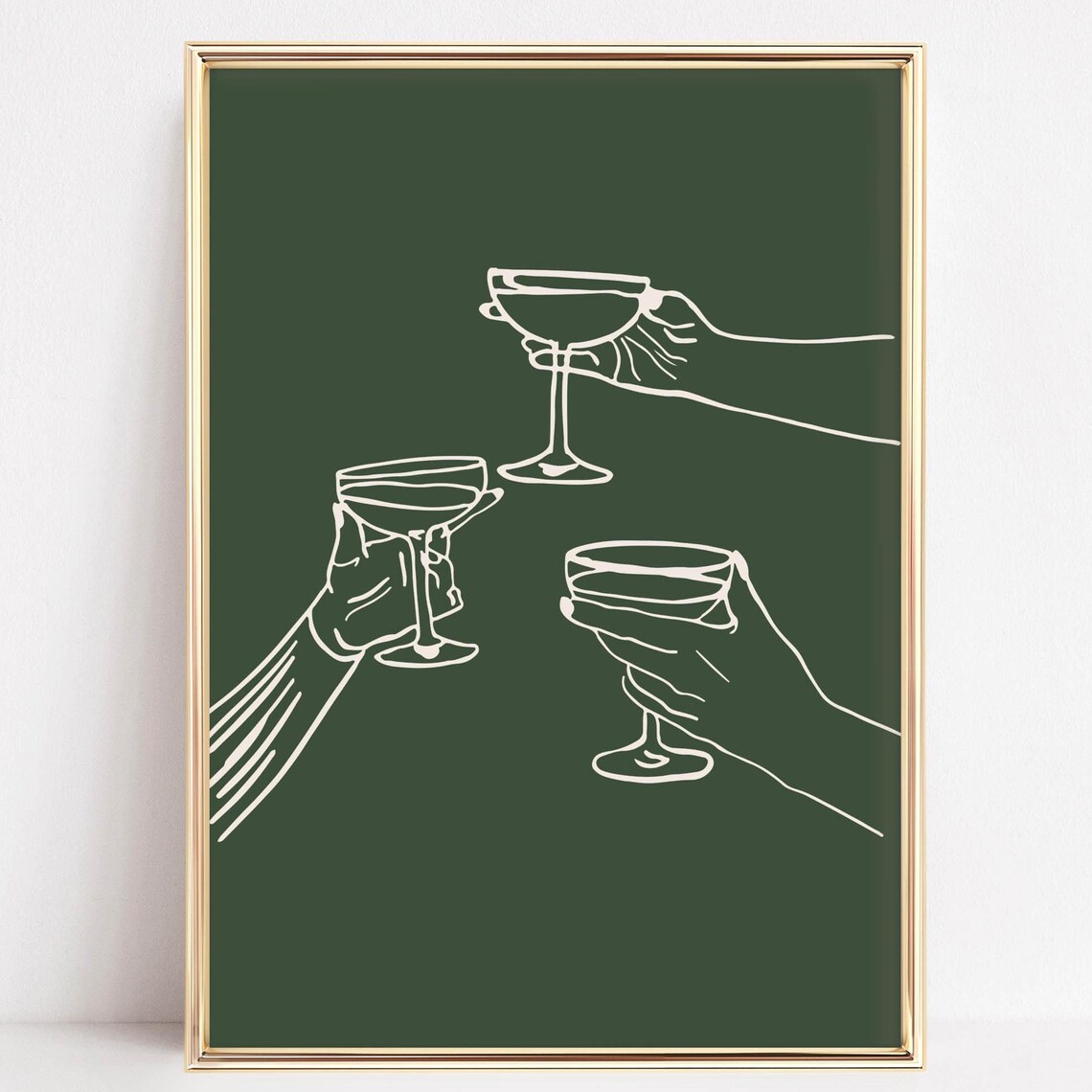 Cheers Toast Champagne Coupes Line Art On Dark Green Bar Cart Wall Art Print