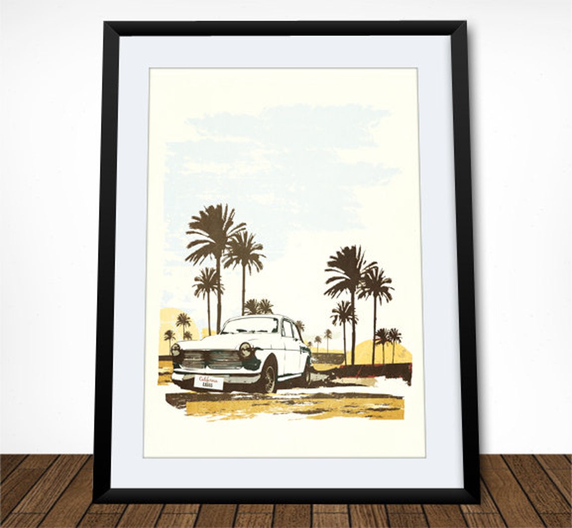 Vintage Classic Car Palm Trees Retro California Road Trip Poster