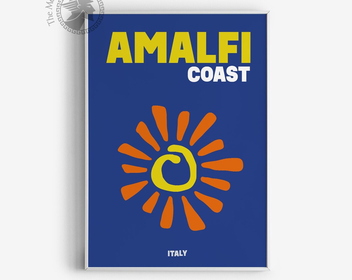 Amalfi Coast Italy Bold Blue Orange Sun Minimalist Travel Poster